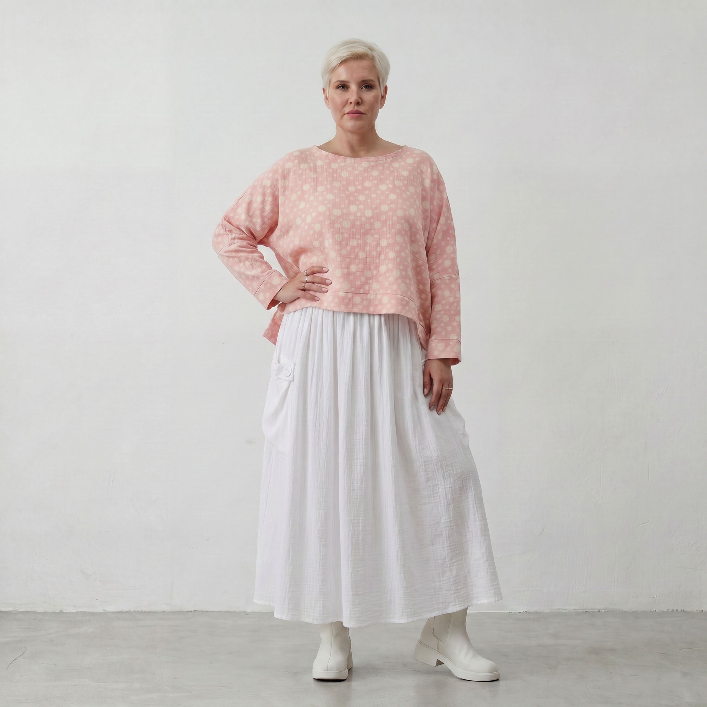 Leichter Baumwolle Mousseline Überwurf in Rosa Ecru soft Oversize Lagenlook zeitlos leger