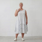 Leichte Baumwolltunika Lagenlook Oversize locker Hellblau Ecru mit Volant luftig zeitlos