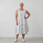 Leichte Baumwolltunika Lagenlook Oversize locker Hellblau Ecru mit Volant luftig zeitlos