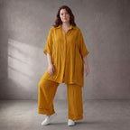 Gelb fliessend Viskosebluse im Lagenlook Oversize leger mit Streifen Lochstruktur luftig