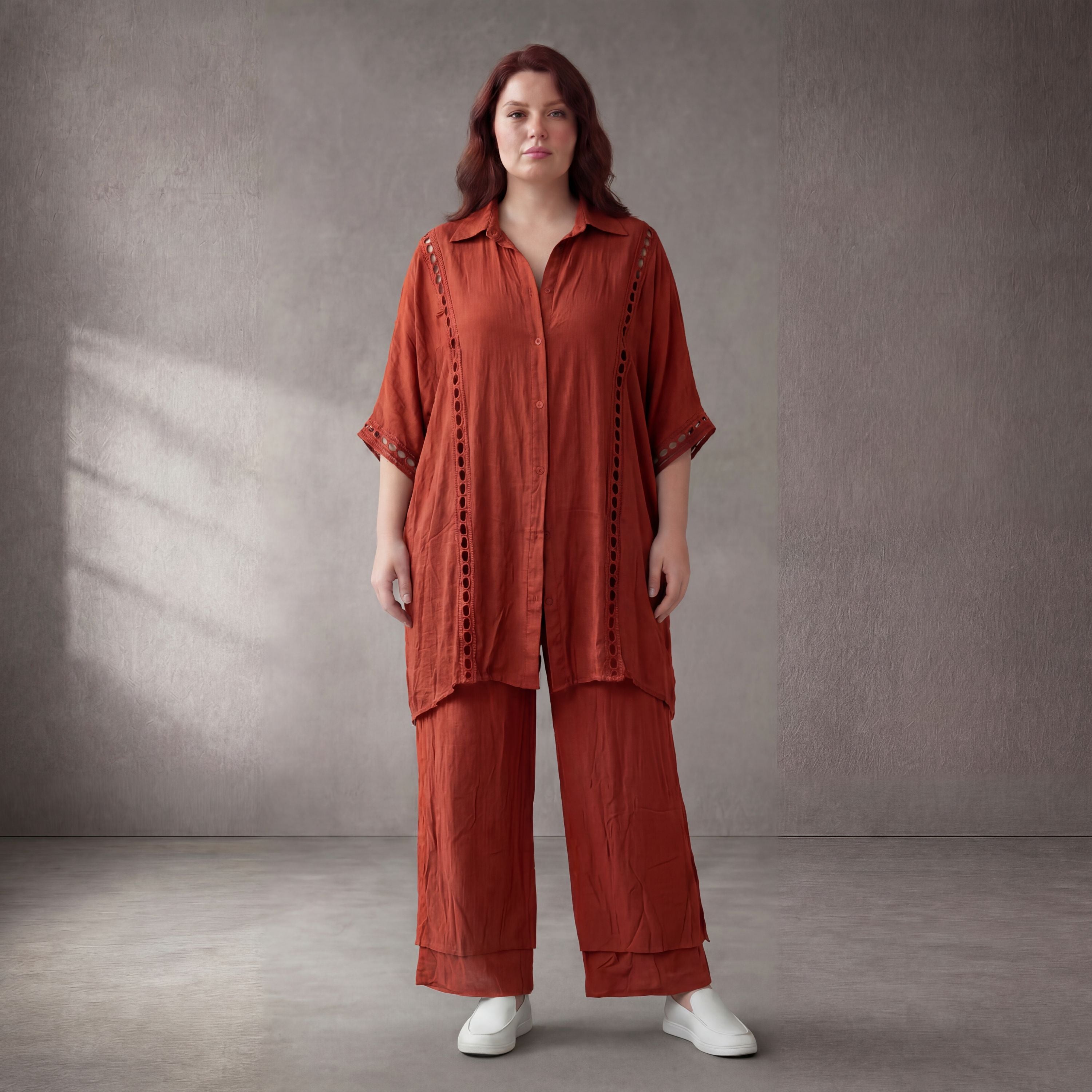 Orange Viskosebluse in Leinenoptik Oversize Lagenlook luftig und zeitlos leger sommerlich
