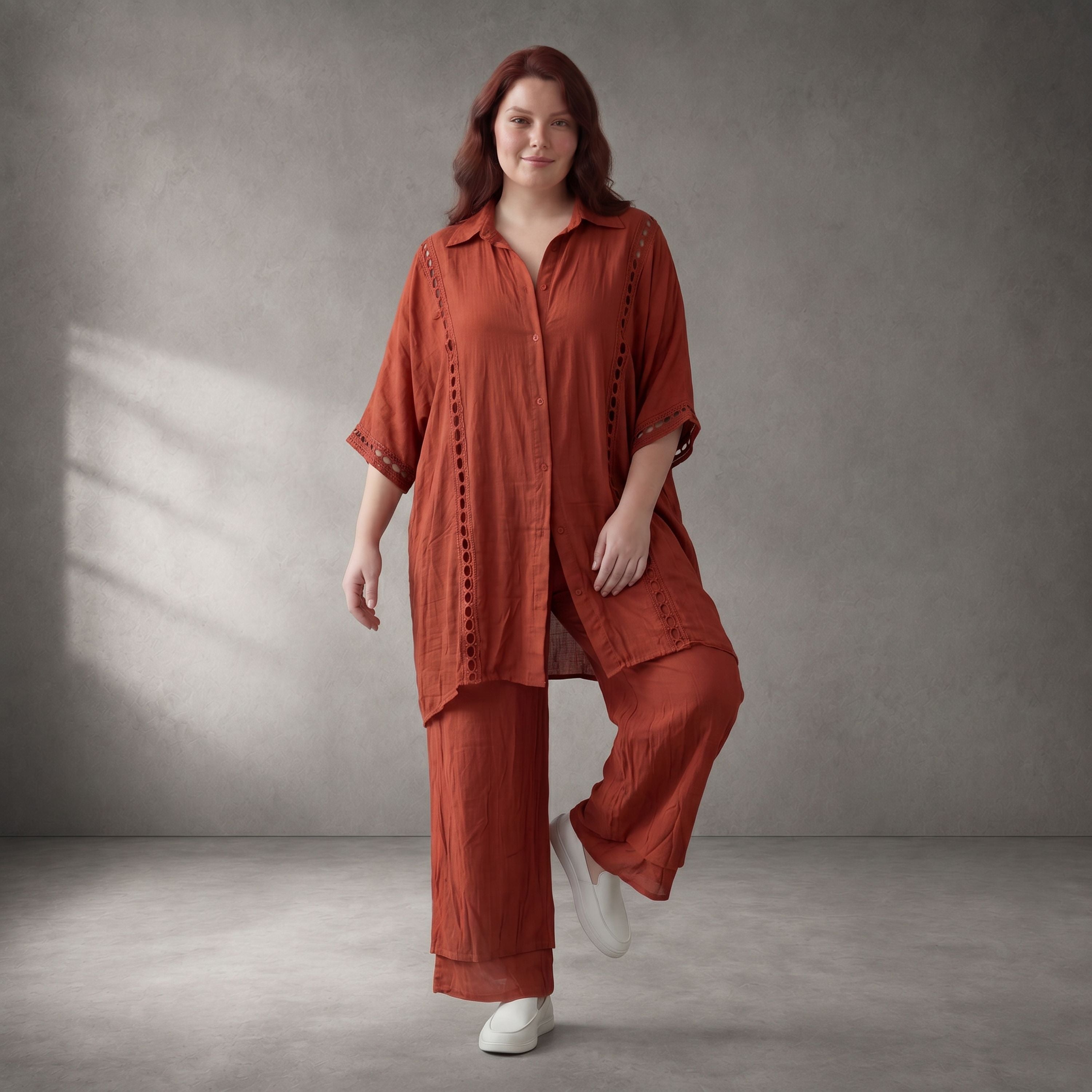 Orange Viskosebluse in Leinenoptik Oversize Lagenlook luftig und zeitlos leger sommerlich
