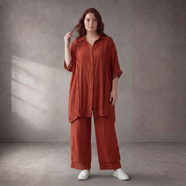 Orange Viskosebluse in Leinenoptik Oversize Lagenlook luftig und zeitlos leger sommerlich