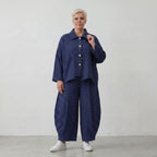 Zeitlose Oversize Jacquardjacke in Dunkelblau Weiß im sehr legeren Lagenlook mit Struktur