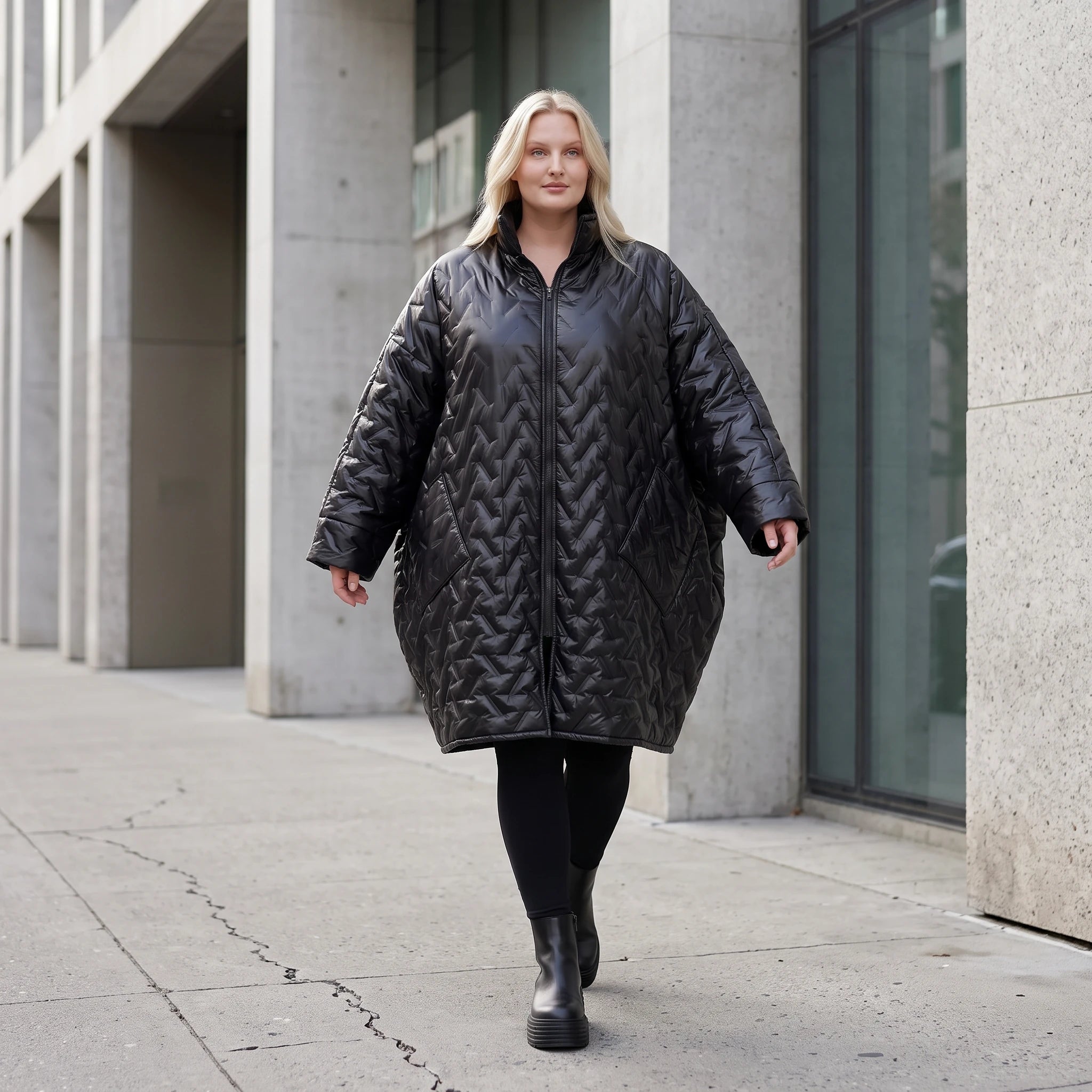 Schwarze Steppjacke mit grafischem Muster oversized wasserabweisend warm mit Taschen
