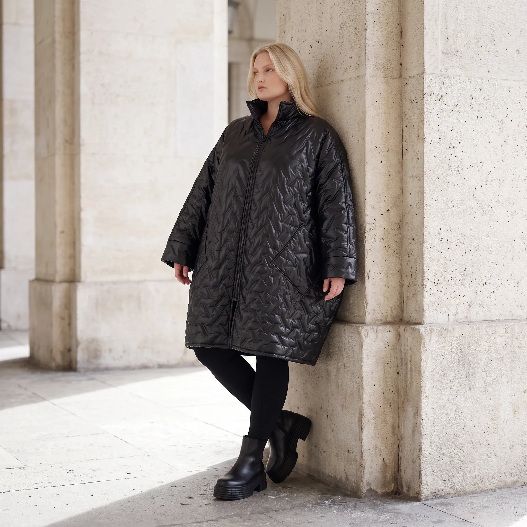 Schwarze Steppjacke mit grafischem Muster oversized wasserabweisend warm mit Taschen