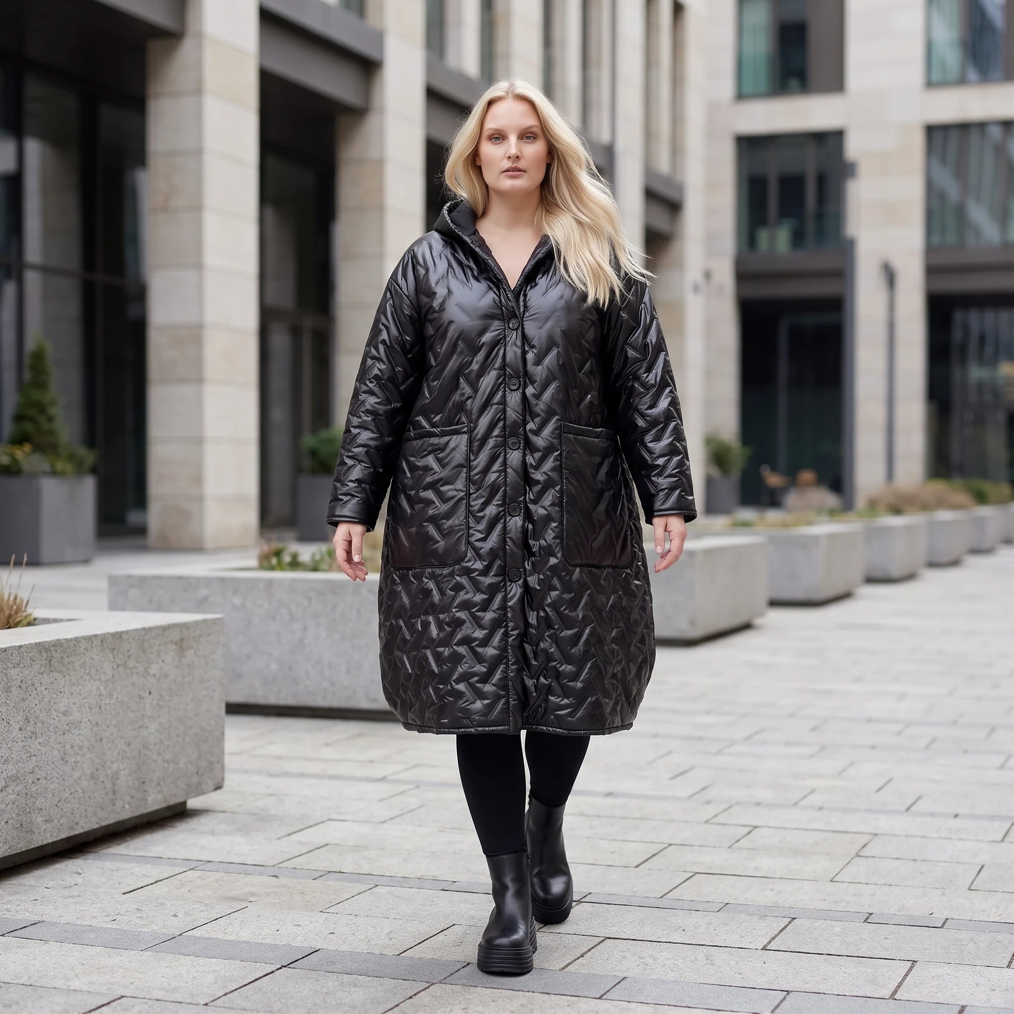 Gesteppter Ballonmantel mit Kapuze und Grafik Oversize mit Taschen für Lagenlook warm