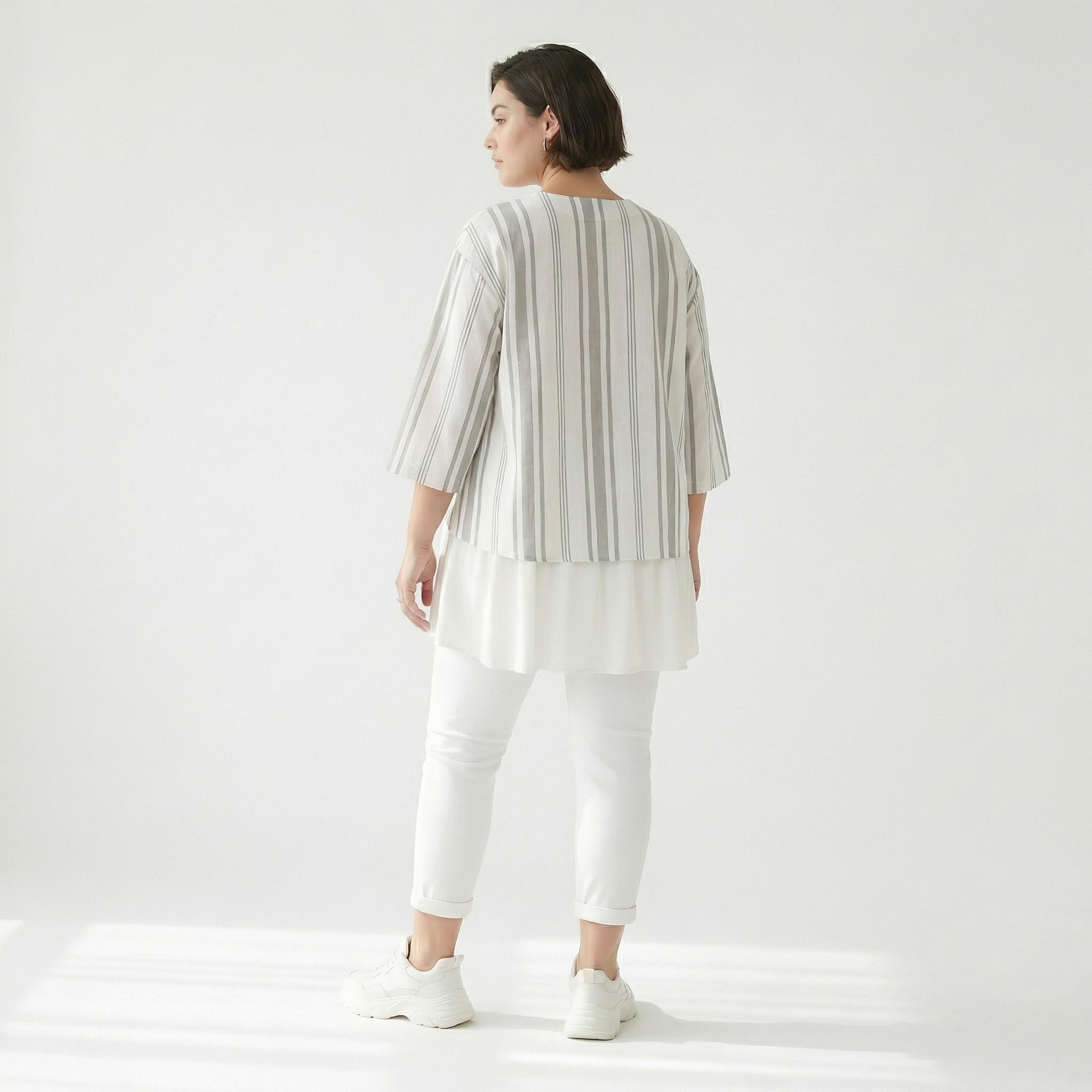  AKH Fashion Jacke in gerundeter Form, aus Baumwolle, 1420.00130, Weiß/Kiwi, Blockstreifen