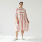  Ballonkleid von AKH Fashion aus Baumwolle, 1420.06698, Weiß/Apricot, Blockstreifen, Schick