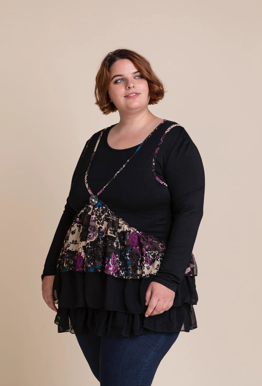  Schickes Langarm-Top in Violett-Multi mit Blumenmuster und elegantem Chiffon-Design für Curvy Mode