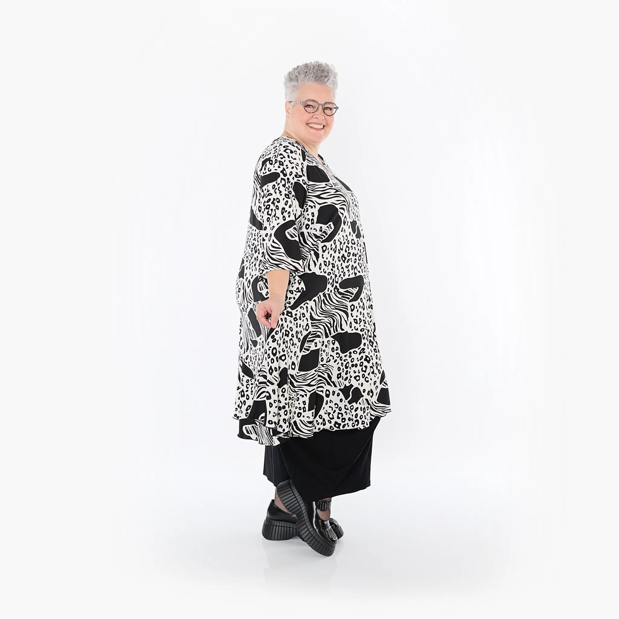  AKH Fashion Bigshirt in Glocken-Form, aus Materialmix, 1499.06563, Schwarz/Weiß, Animal