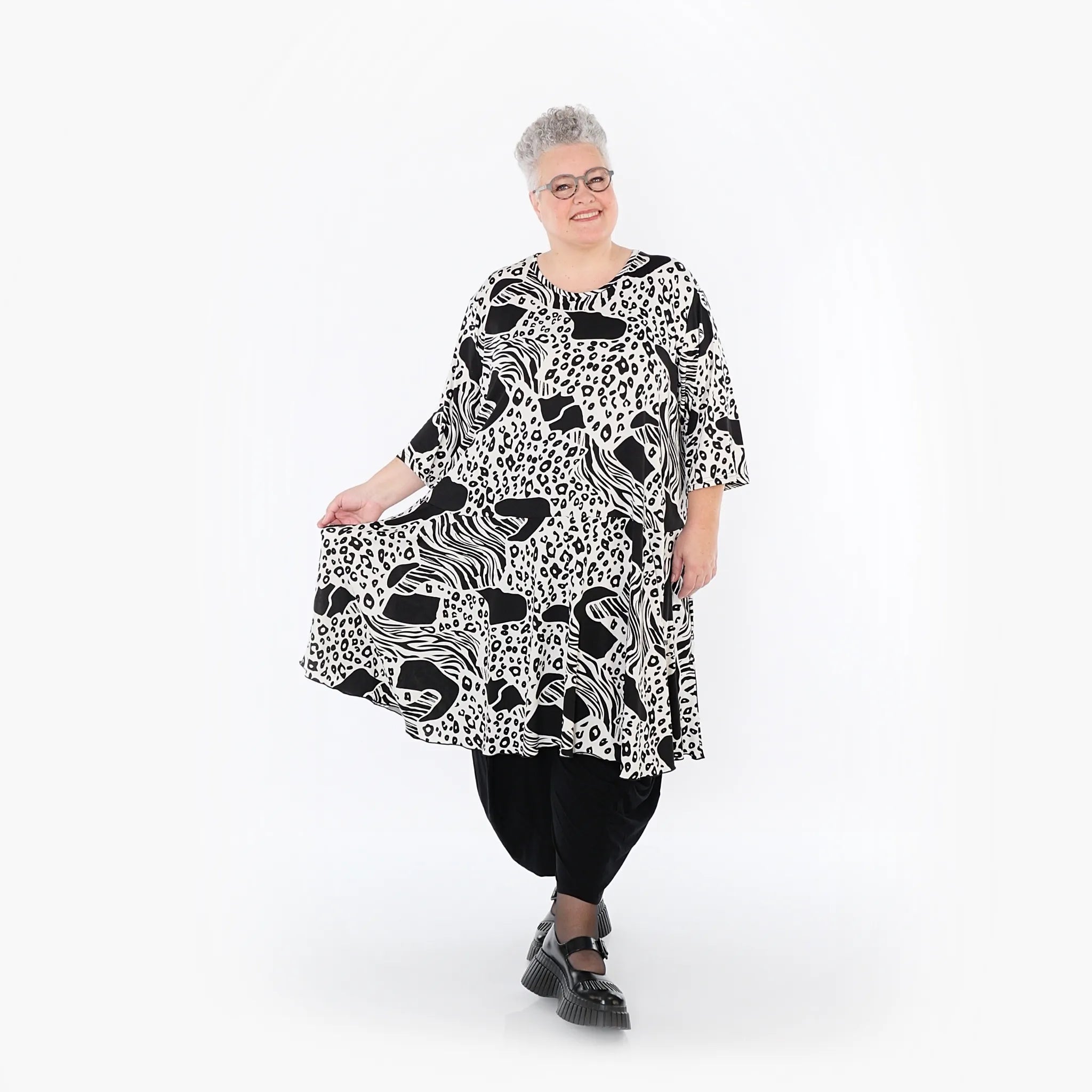  AKH Fashion Bigshirt in Glocken-Form, aus Materialmix, 1499.06563, Schwarz/Weiß, Animal