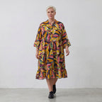 Mehrfarbiges Ballonkleid mit floralem Print V-Ausschnitt und lockerem weitem Stufenschnitt