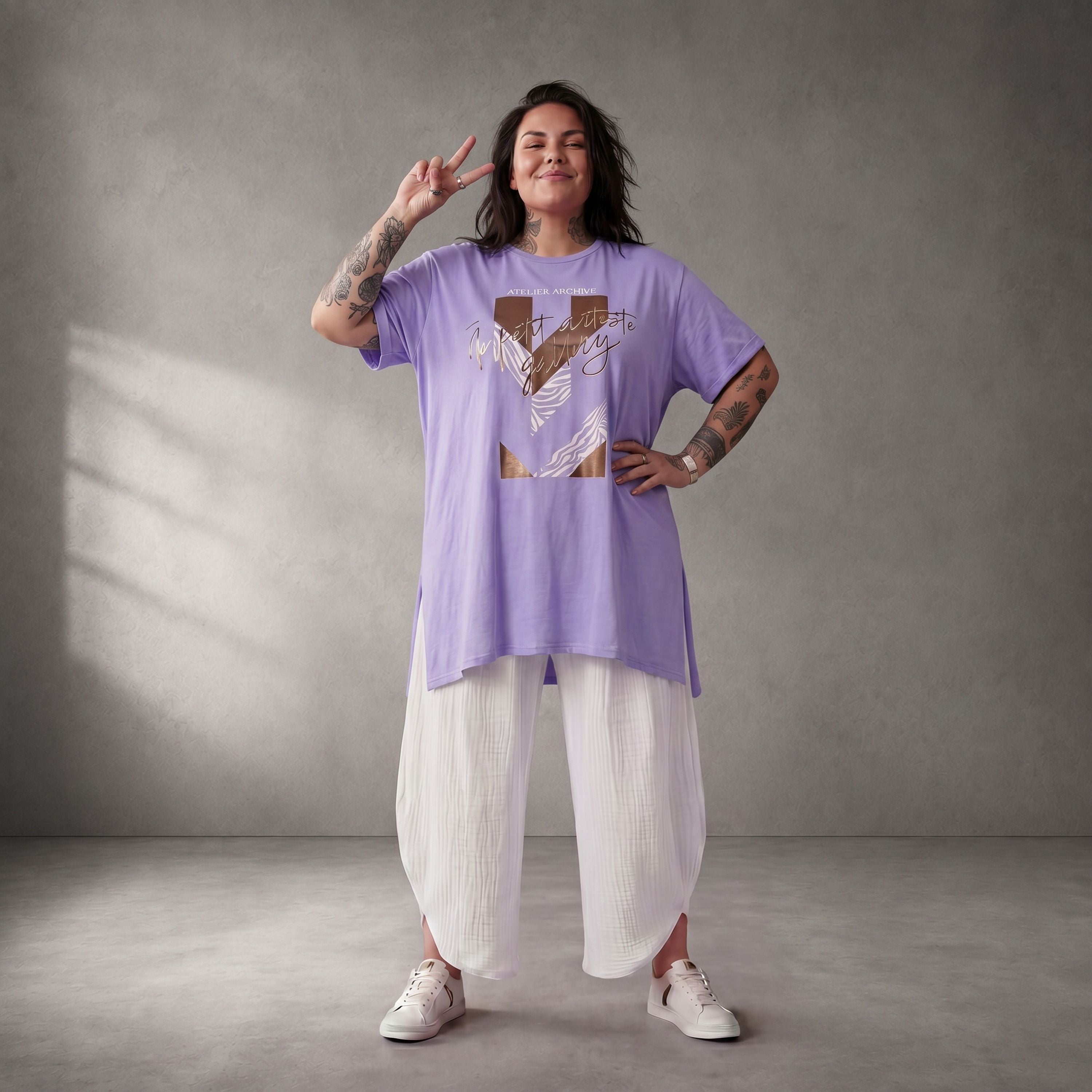 Damen Shirt Lagenlook Baumwolle Flieder, A-Linie, Kurzarm, Oversize große Größen – Funky Diva