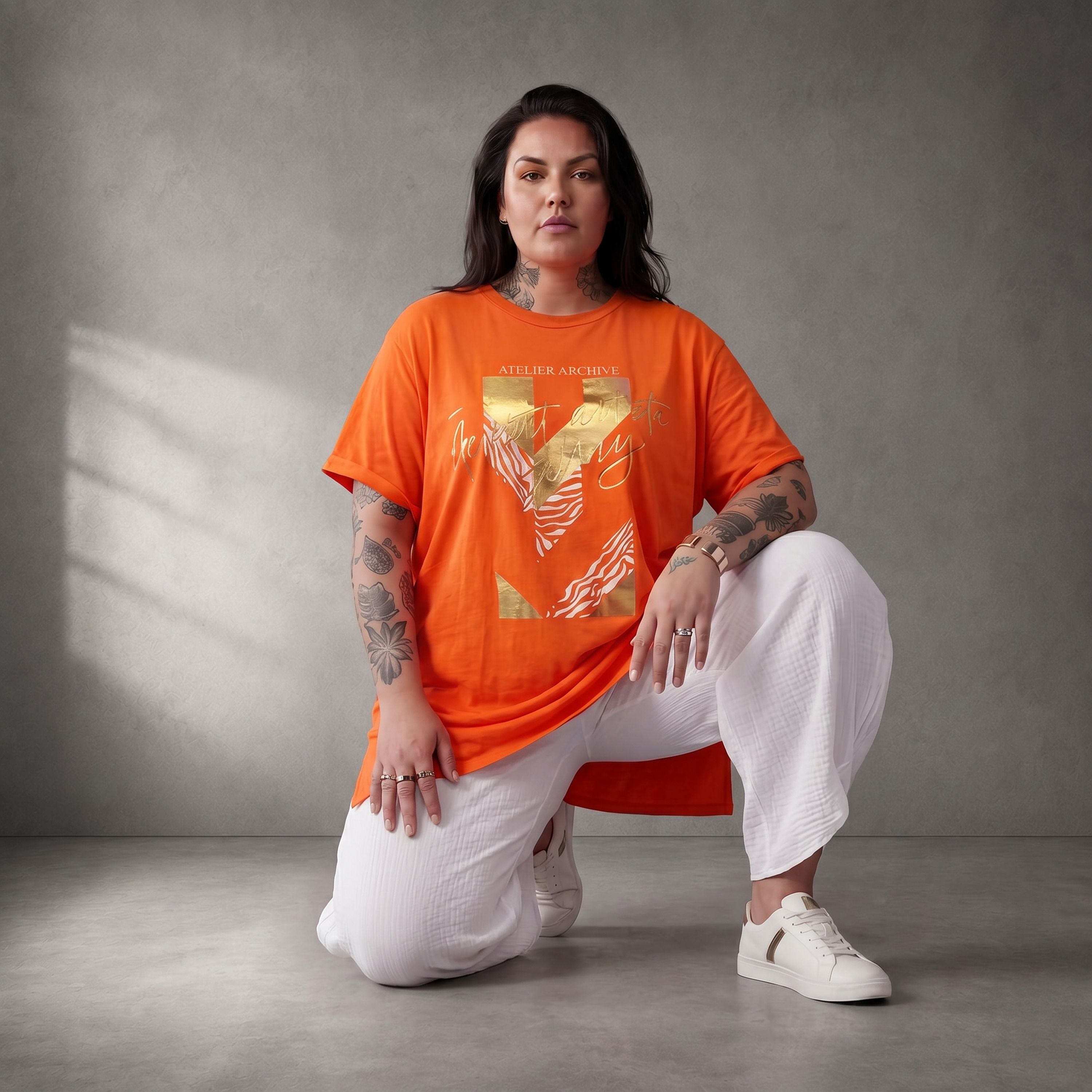 Damen Shirt Lagenlook Baumwolle Orange, A-Linie, Kurzarm, Oversize große Größen – Funky Diva