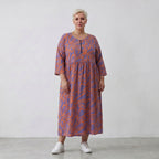 Ballonkleid in lilaorange Floralprint mit Seitentaschen Rundhals und Dreiviertelarm