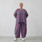 Bigshirt in blauroter Leinenoptik mit Blumenmuster Rundhals kastig vorne kurz hinten lang
