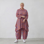 Lilaorange Blumenmuster A-Form Jacke in Leinenoptik mit Kragen Nahttaschen fein Zipfelsaum