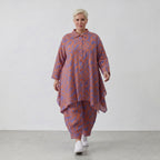 Lilaorange Blumenmuster A-Form Jacke in Leinenoptik mit Kragen Nahttaschen fein Zipfelsaum