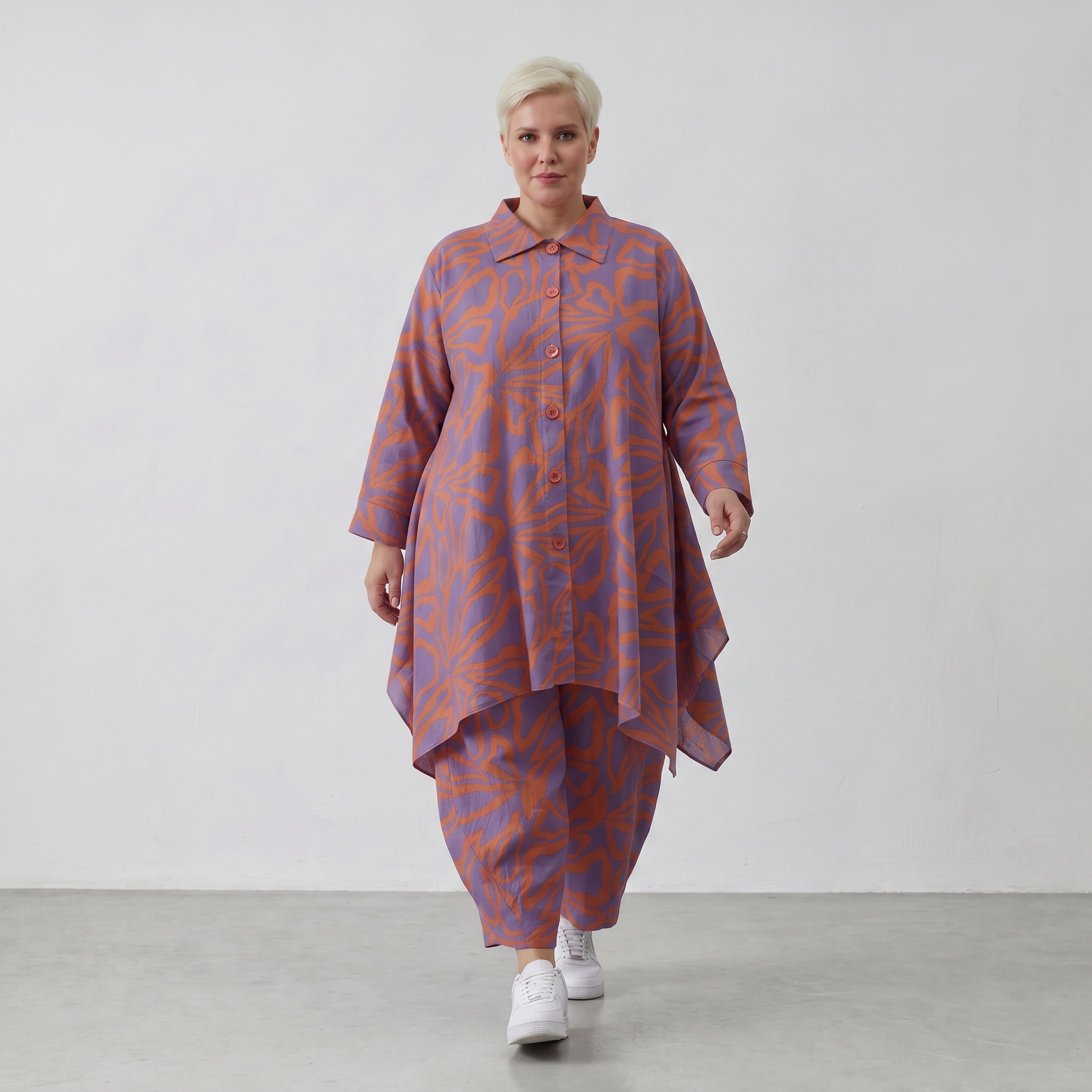 Lilaorange Blumenmuster A-Form Jacke in Leinenoptik mit Kragen Nahttaschen fein Zipfelsaum
