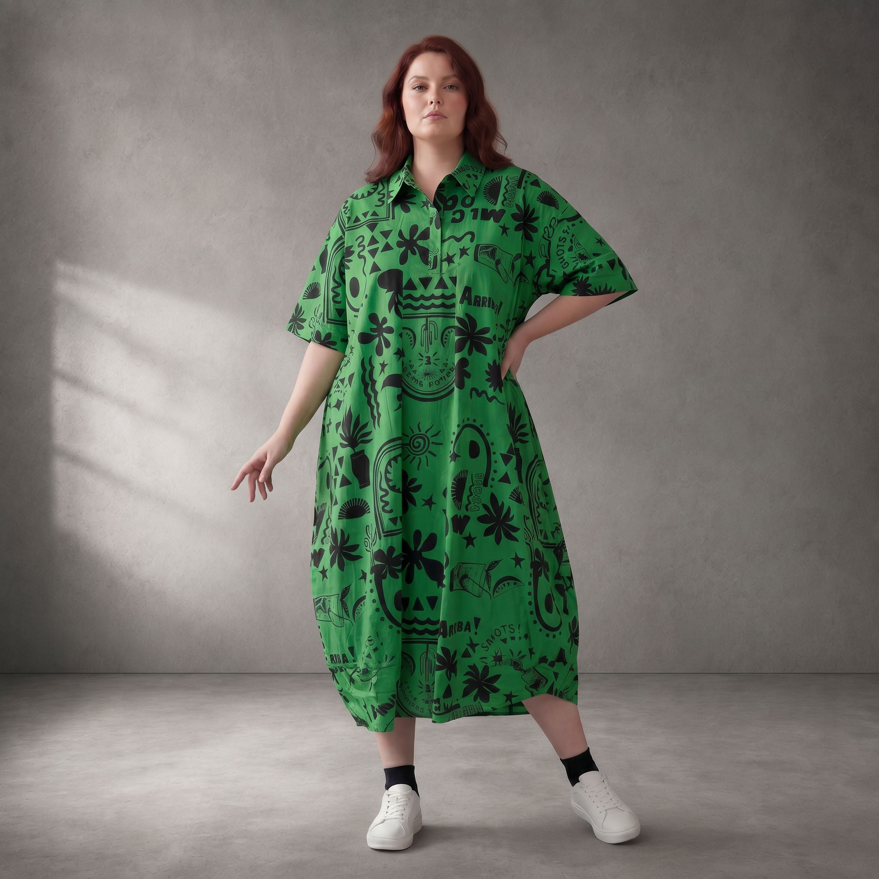 Ausgefallenes Oversize Ballonkleid in GrünSchwarz mit Print leger zeitlos luftig Baumwolle