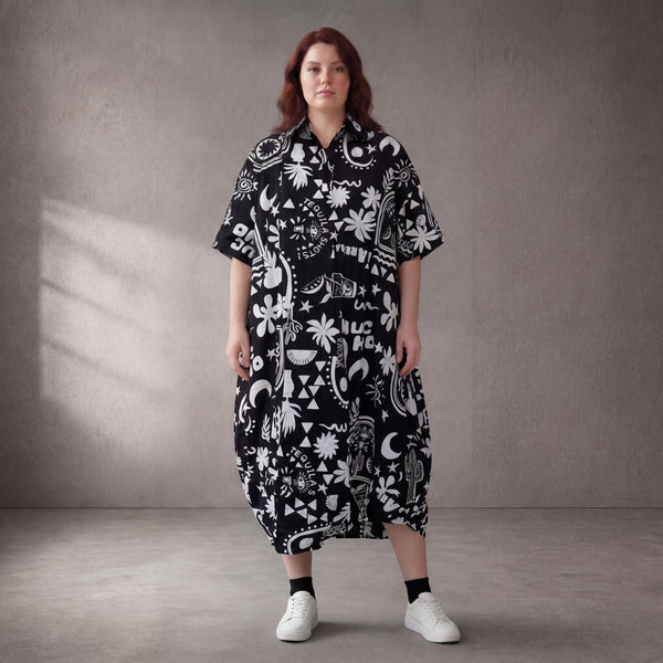 SchwarzWeiß Baumwollkleid Ballonschnitt Oversize leger Lagenlook ausgefallen sehr zeitlos
