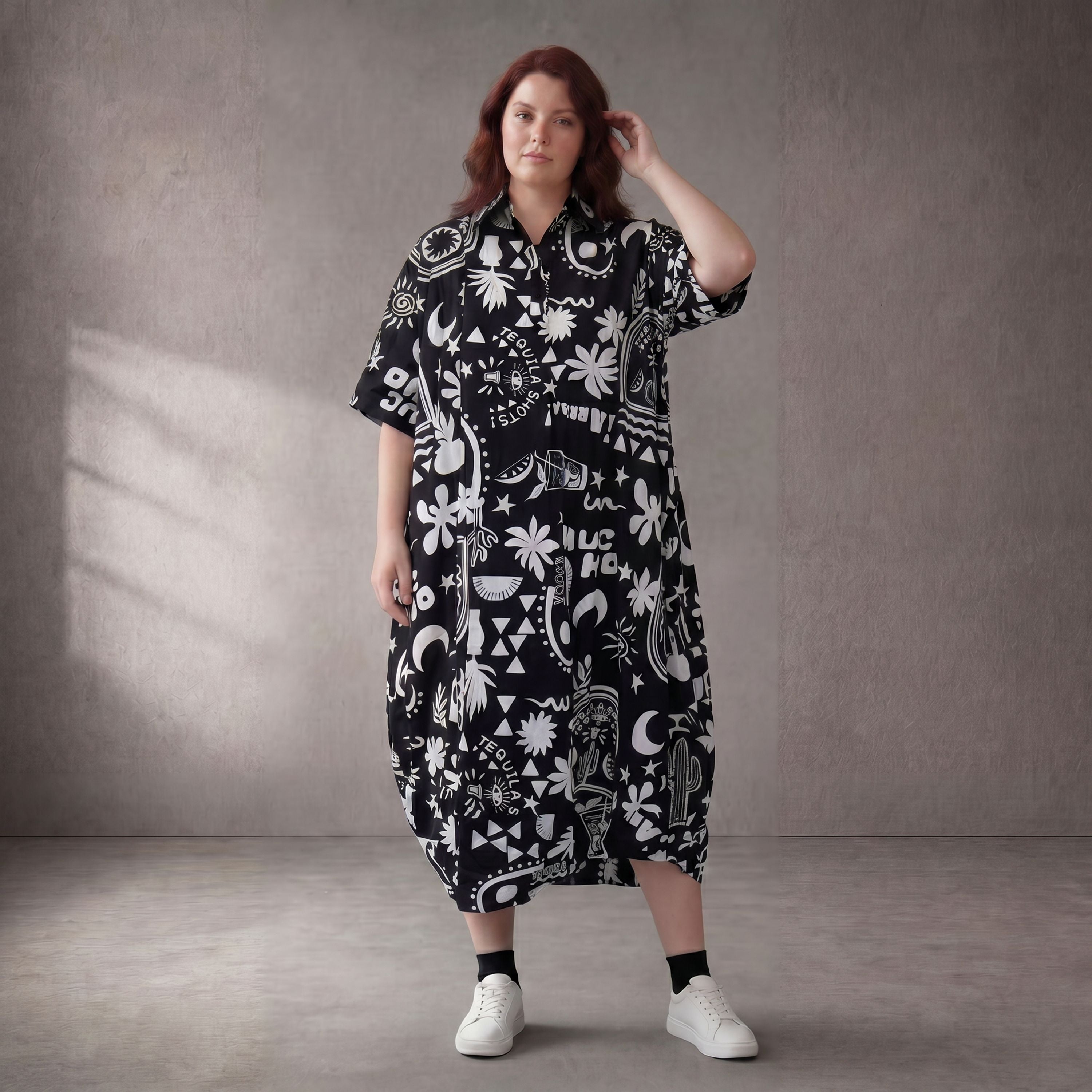 SchwarzWeiß Baumwollkleid Ballonschnitt Oversize leger Lagenlook ausgefallen sehr zeitlos