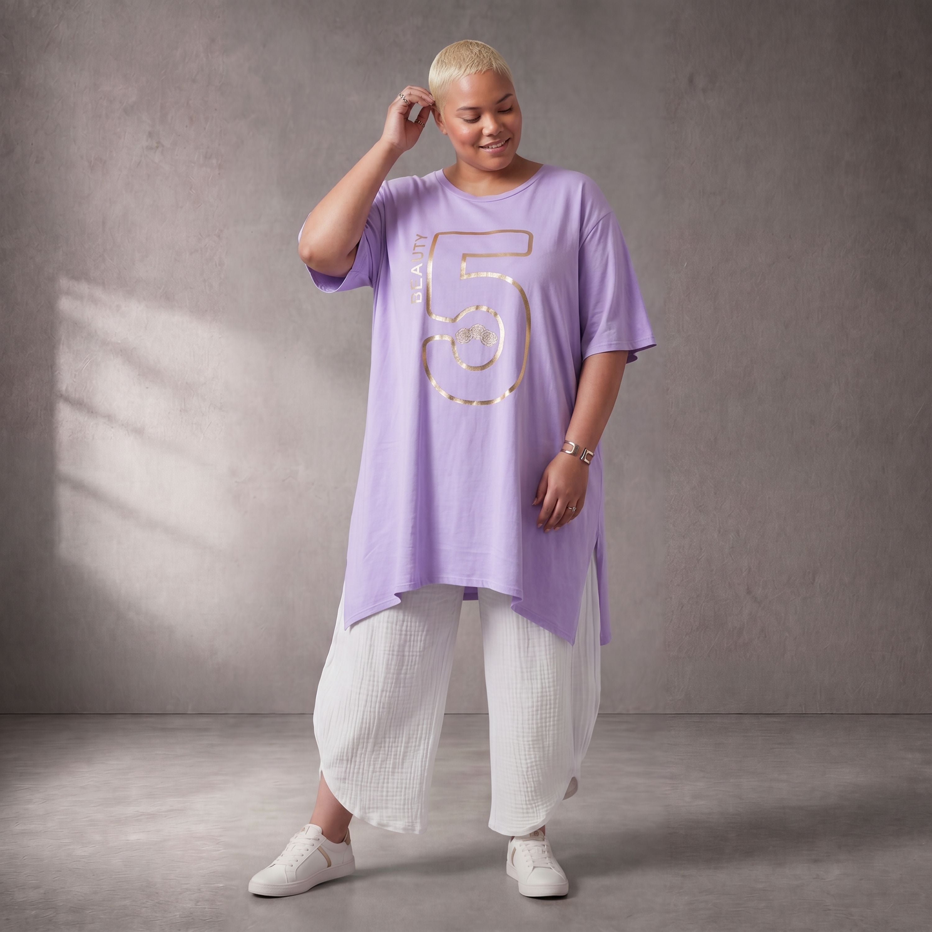 Damen Shirt Lagenlook Baumwolle Lila/Gold, A-Form, Kurzarm, Seitenschlitze, Oversize große Größen – Funky Diva