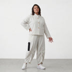 Kastige Bengaline Jacke in Weiß/Schwarz mit 3/4-Arm Stehkragen und praktischen Taschen