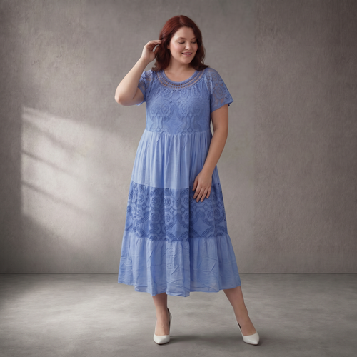 Zeitloses Blau Baumwollkleid im Lagenlook mit feiner Spitze sommer Oversize Linie feminin