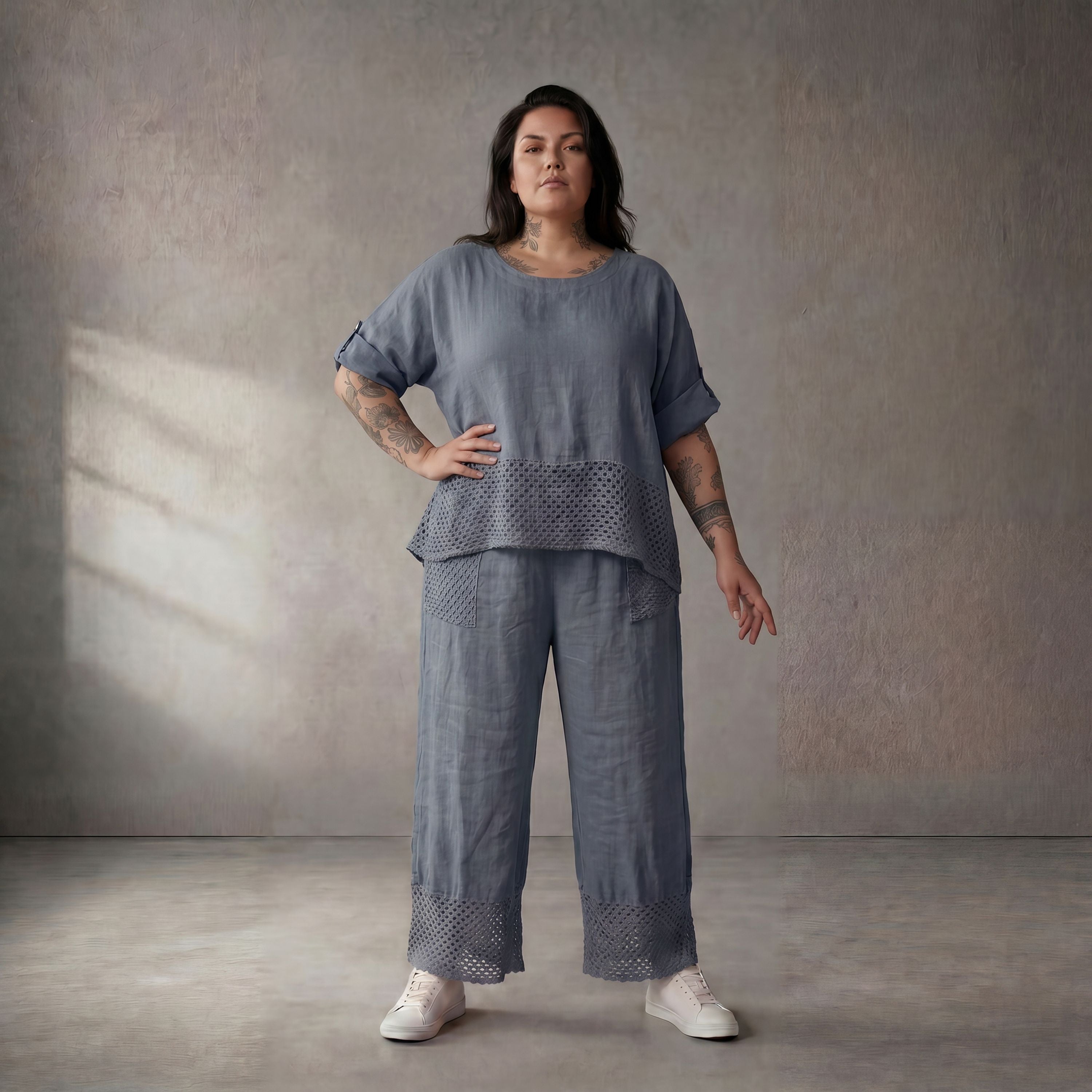 Leichtes Leinen Shirt in Blau fliessend Lagenlook Oversize locker zeitlos mit Taschen