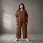 Braunes Leinen Shirt im Oversize Lagenlook leger zeitlos mit Taschen ausgefallen bequem