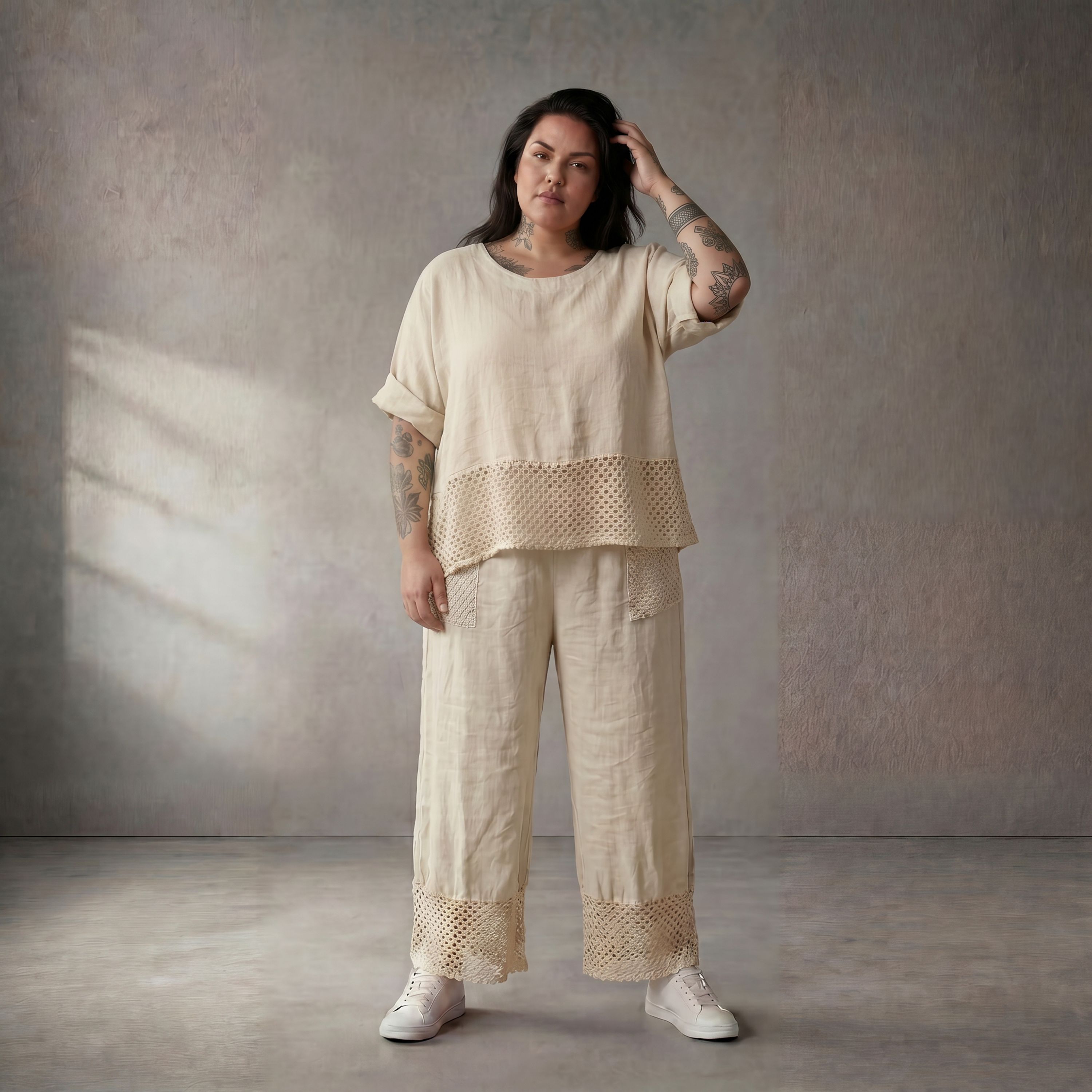 Zeitlose Creme Leinenhose im leger Lagenlook mit Strickdetails und Komfortbund Sommerfit