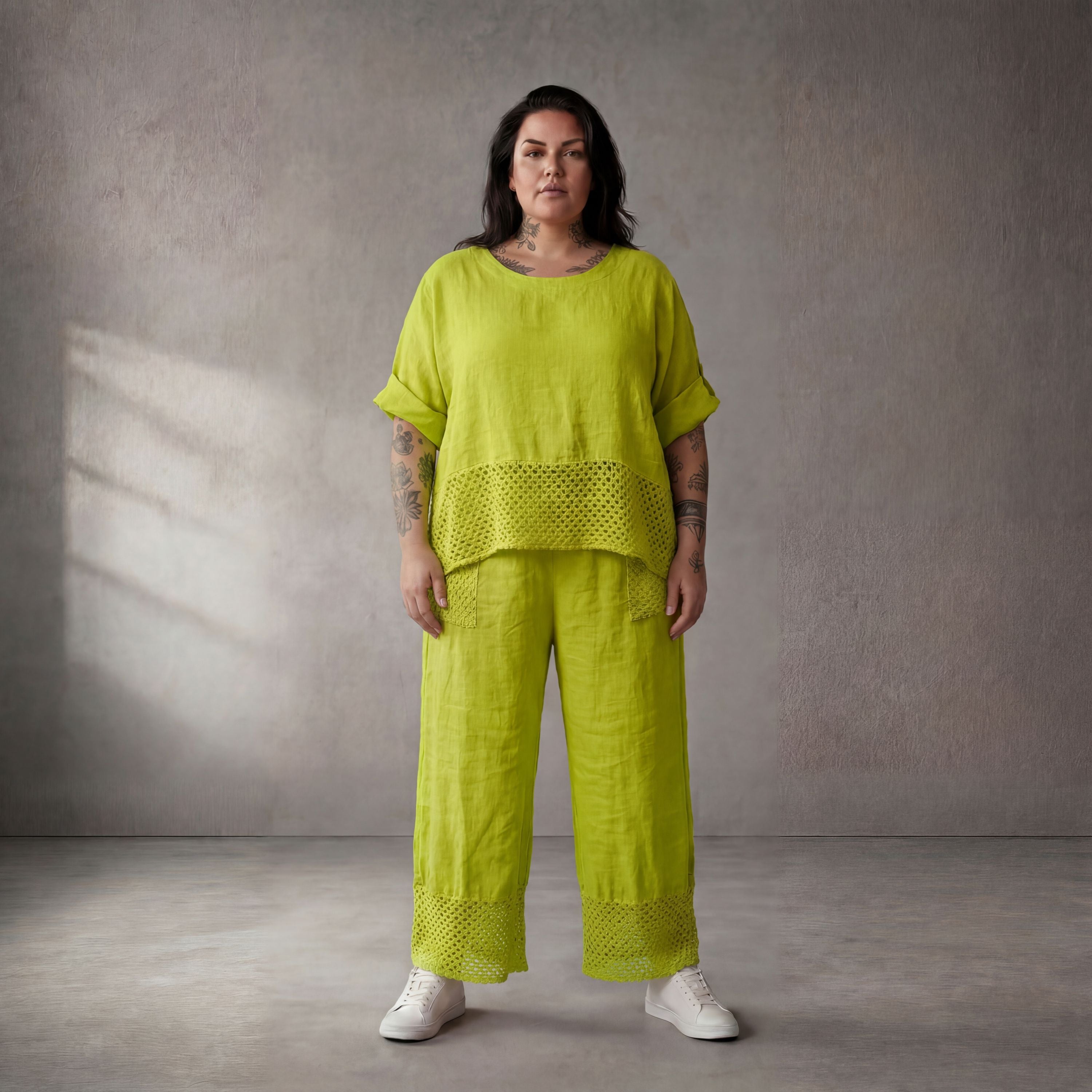 Luftige leichte Leinenhose in Limette im Lagenlook mit Strickdetails leger und zeitlos
