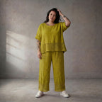 Legere Leinenhose Grün mit Strickdetails zeitloser Lagenlook Oversize Komfort luftig Bund
