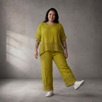 Legere Leinenhose Grün mit Strickdetails zeitloser Lagenlook Oversize Komfort luftig Bund