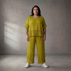 Legere Leinenhose Grün mit Strickdetails zeitloser Lagenlook Oversize Komfort luftig Bund