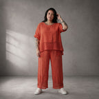 Leinenhose Orange leger Oversize Lagenlook mit Strickdetails zeitlos luftig Sommerstyle