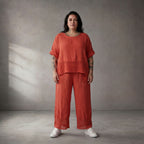 Leinenhose Orange leger Oversize Lagenlook mit Strickdetails zeitlos luftig Sommerstyle