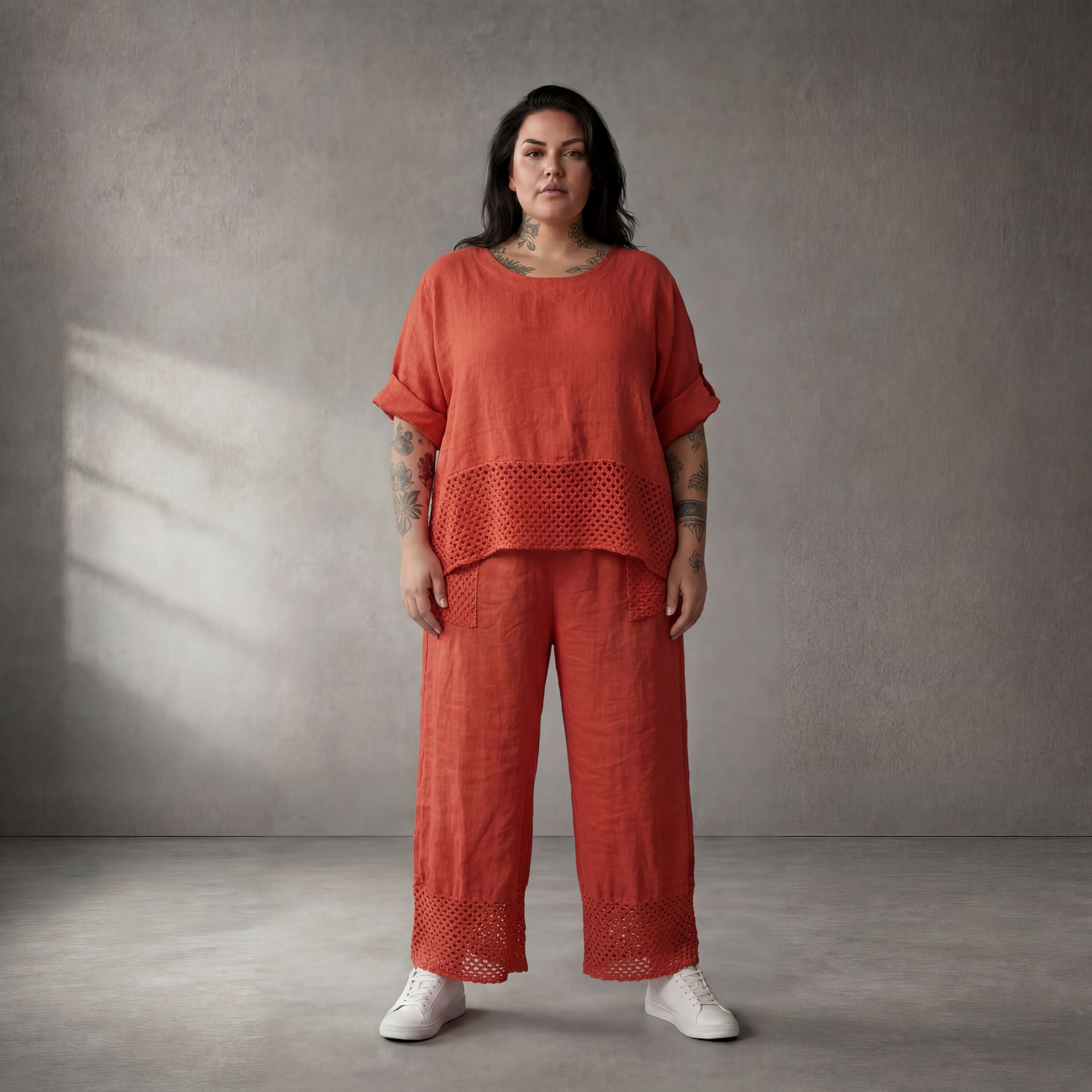 Leinen Oversize Shirt in Orange entspannt zeitlos mit Lagenlook und Taschen modern leicht