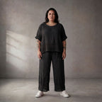 Oversize Leinen Shirt schwarz im Lagenlook mit grossen Taschen leger zeitlos chic luftig