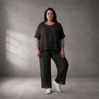 Oversize Leinen Shirt schwarz im Lagenlook mit grossen Taschen leger zeitlos chic luftig