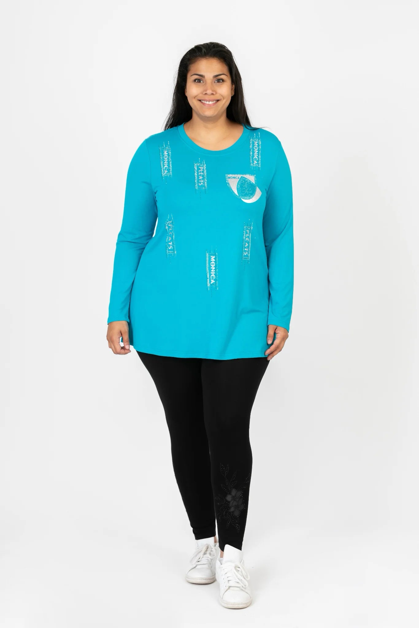  Elegantes Oversize-Shirt in Türkis-Silber für Plus Size mit Strass und Print-Applikation