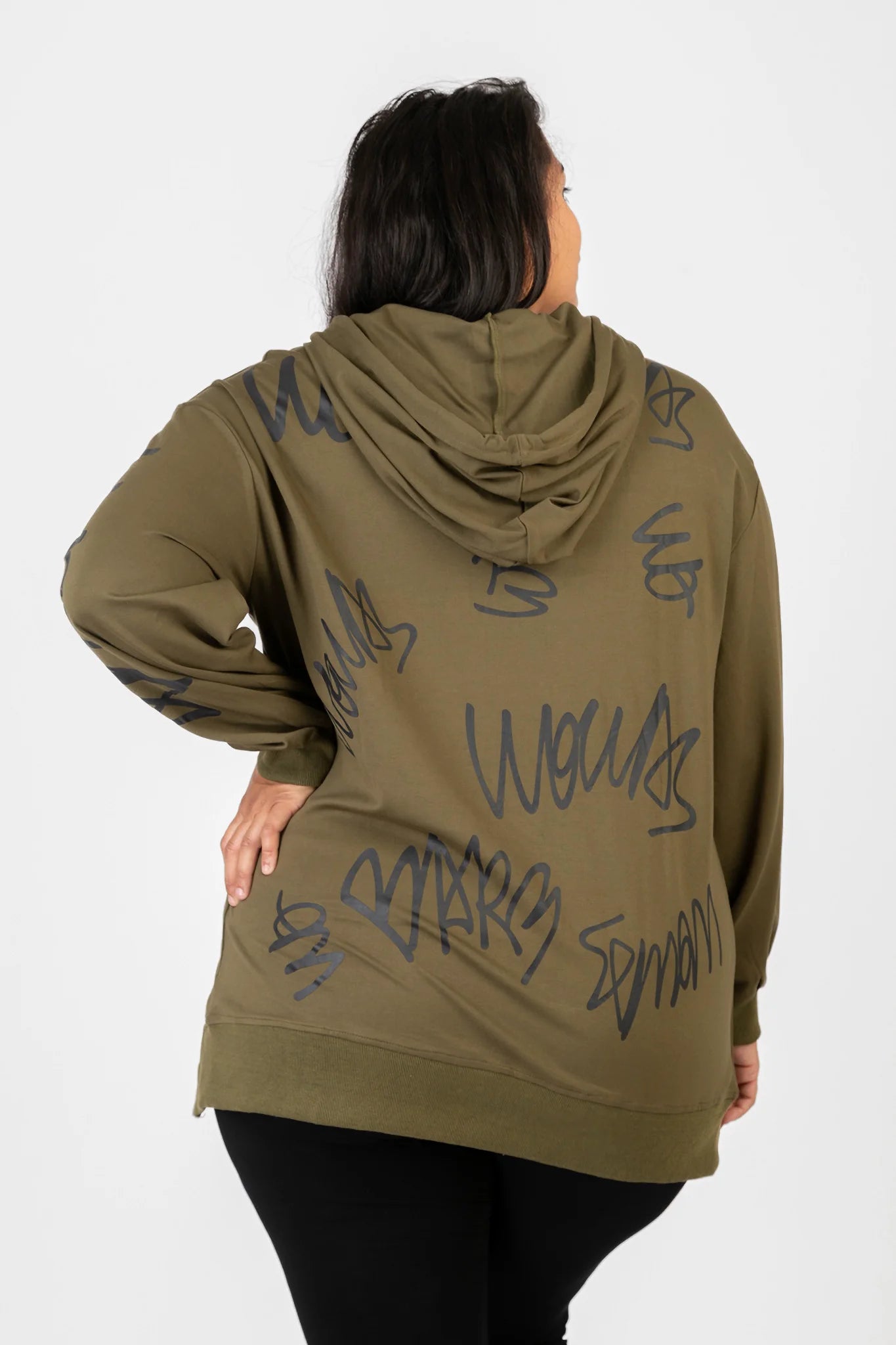  Stylischer Hoody in Olive-Schwarz mit Katzen-Gesicht-Druck und funkelnden Strass-Applikationen