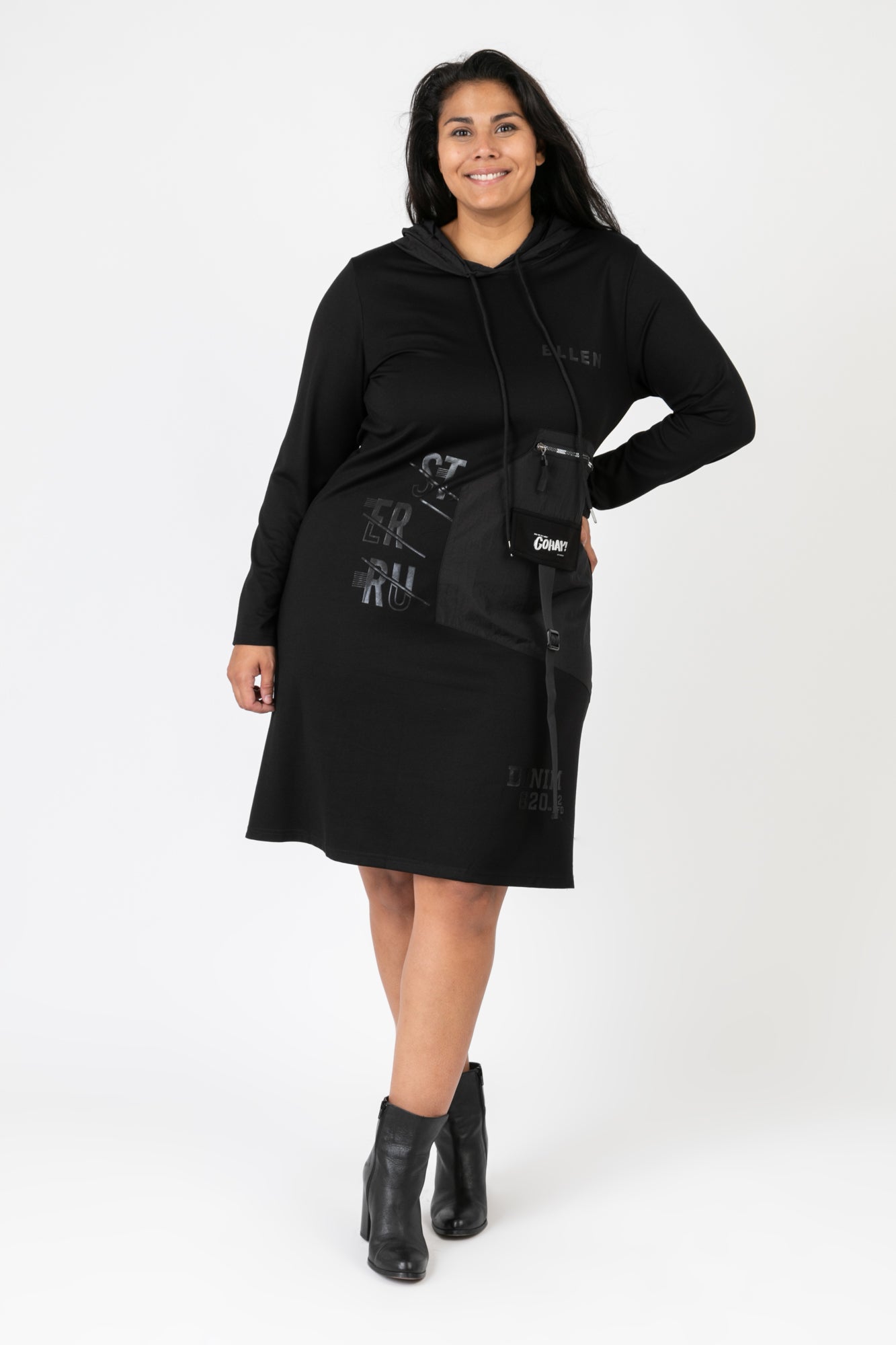  Pomme Rouge Kleid in gerader Form, aus Viskose, C6635, Schwarz, Muster, Schick, Modern