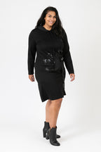  Pomme Rouge Kleid in gerader Form, aus Viskose, C6635, Schwarz, Muster, Schick, Modern
