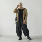 Fein gestrickte leichte Lagenlook Jacke im Oversize Stil mit Schalkragen und Memorytaft, Sand/Schwarz