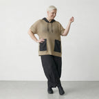 Stilvolles Oversize Shirt aus luftiger Baumwolle in ausgefallenem Lagenlook mit Kapuze, Sand/Schwarz