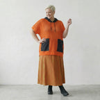 Zeitlos legeres Lagenlook Shirt aus feinem Baumwollstrick mit ausgefallener Lochstruktur, Orange/Schwarz