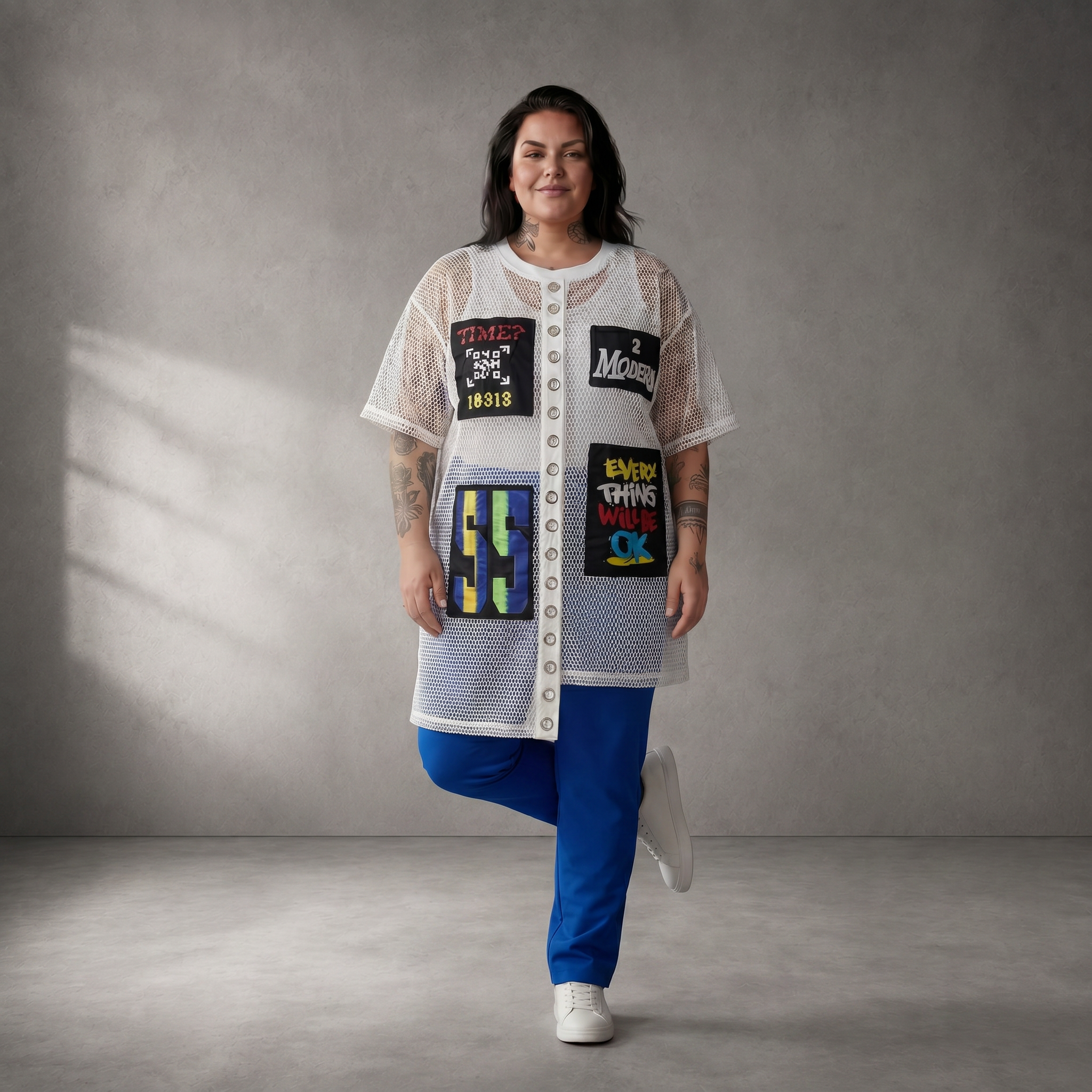 Leichtes weißes Netzshirt im Lagenlook Oversize leger ausgefallen mit Taschen luftig fein